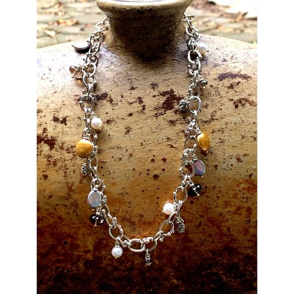 Michael Dawkins Necklace Sterling Silver w/ Smoky Topaz, Pearl & Caviar Charms - Picture 1 of 9